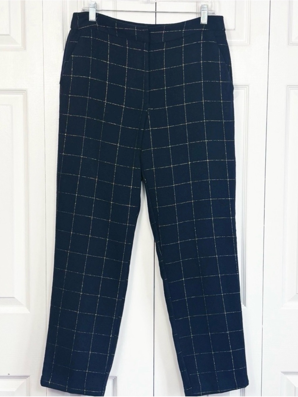 Draper James RSVP Navy Metallic Check Print High-Rise Dress Pants 12